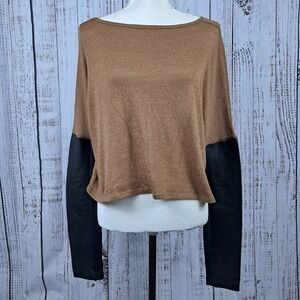 ELIZABETH AND JAMES M Cotton Top Brown Long Sleeve Black‎ Leather Sleeve Moto